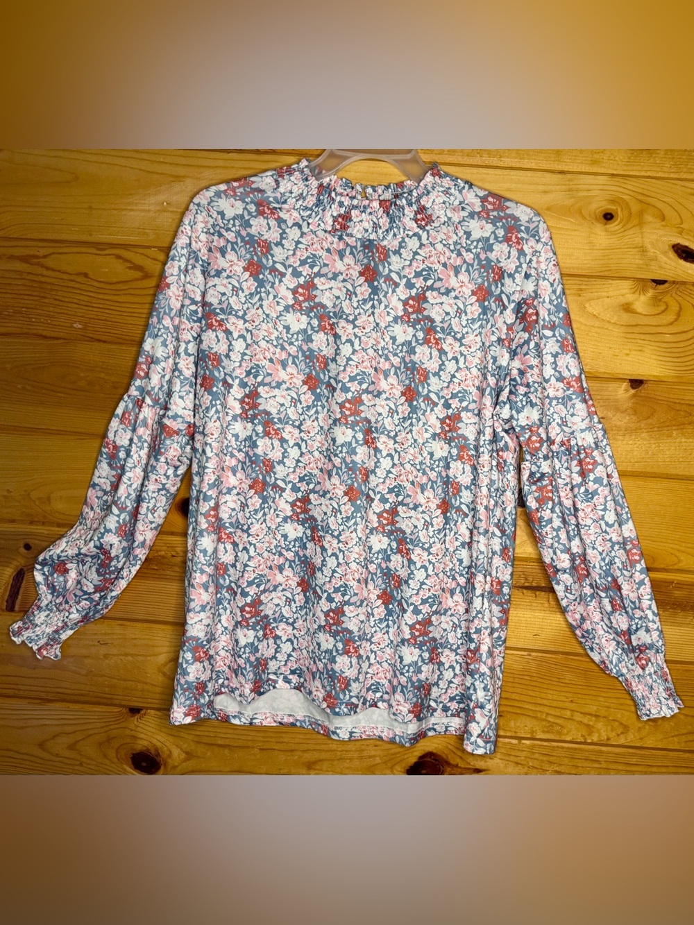 Floral Smocked Neck Long Sleeve Top - Blue/Pink with Fun Layered Sleeves